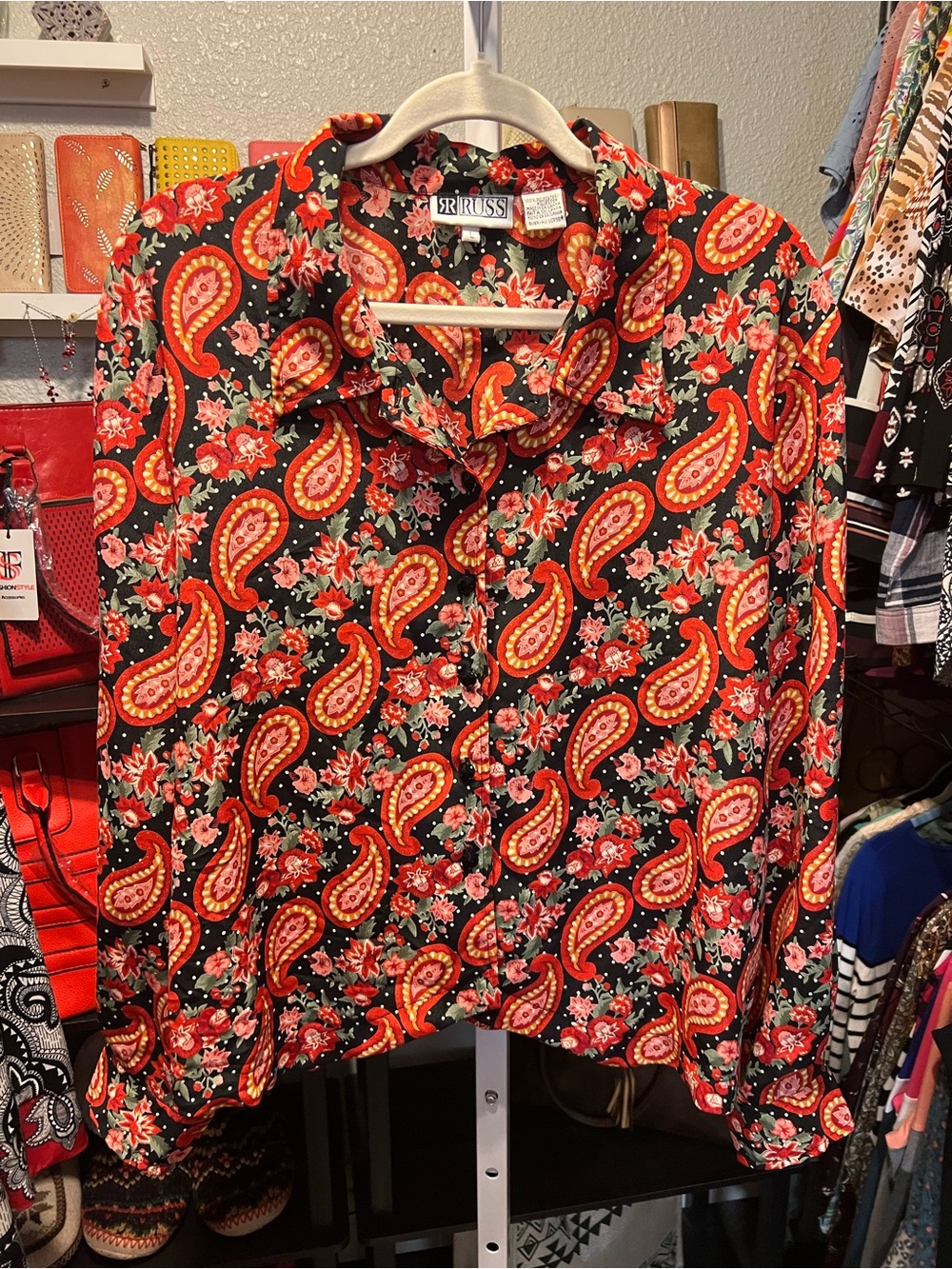 Russ Black Button-Up Shirt with Red Paisley & Pink Floral Print